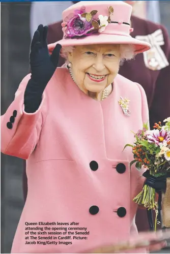  ?? ?? Queen Elizabeth leaves after attending the opening ceremony of the sixth session of the Senedd at The Senedd in Cardiff. Picture: Jacob King/getty Images