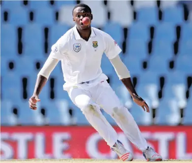  ?? PICTURE: REUTERS ?? EYES ON THE BALL: Kagiso Rabada bowled with great pace at SuperSport Park yesterday as the South African bowlers kept New Zealand in check during the third day of the second Test.