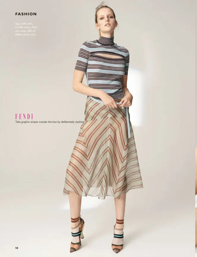  ??  ?? Top, £ 690, skirt, £ 1,380, shoes, £ 655, and socks, £ 80, all fendi ( fendi. com)