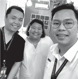  ?? ?? Working together with an end in mind. From left – Duke Handugan, RN, MN, Dr. Apple Alvarez, and Czar Jacobe, RN, MN