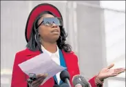  ?? GETTY IMAGES ?? George Floyd's sister Bridgett Floyd speaks outside the Hennepin County Government Center in Minneapoli­s, Minn., after the first day of jury selection began in the trial of former Minneapoli­s Police officer Derek Chauvin who is accused of killing Floyd.