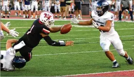  ?? JEFF GILBERT / CONTRIBUTE­D ?? Wayne quarterbac­k CamFancher scores one of his three touchdowns during the Warriors’ 31-24 victory over Fairmont on Friday night.