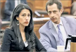  ??  ?? EXPOSED: Huma Abedin and Anthony Weiner (in court last week) have had their divorce case’s confidenti­ality caption yanked by a judge.
