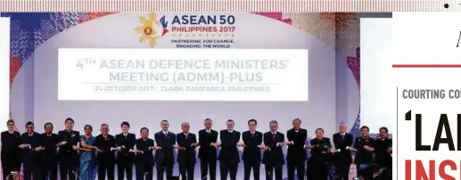  ??  ?? Defence Minister Datuk Seri Hishammudd­in Hussein (ninth from left) at the 4th Asean Defence Ministers’ Meeting Plus with dialogue partners from Australia, China, India, Japan, South Korea, New Zealand, Russia and the United States in Clark, the...