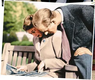  ??  ?? A royal romance: The young Princess (ringed, top) meets Philip (top left) in 1939. Right, gazing into each other’s eyes in the official engagement photo and, above, on honeymoon in Hampshire