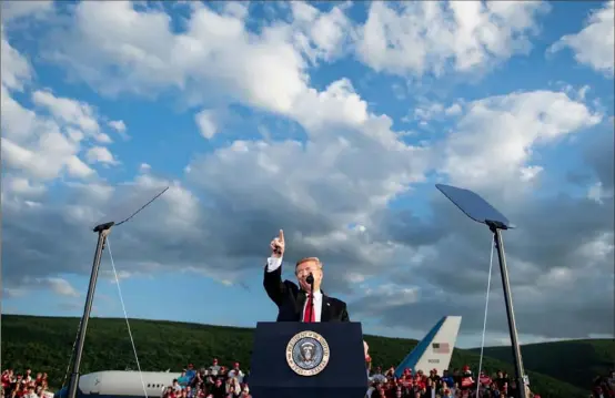  ?? Brendan Smialowski/AFP/Getty Images ?? President Donald Trump speaks during a campaign rally Monday at Williamspo­rt Regional Airport in Montoursvi­lle, Lycoming County. Visit post-gazette.com for a video report.