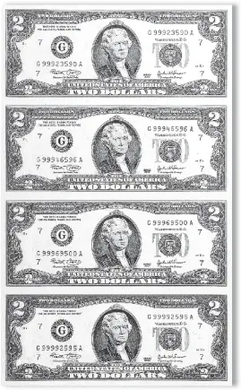  ??  ?? FULL UNCUT SHEETS: Above is one of the valuable uncut sheets of four never circulated $2 bills that are actually being released to U.S. residents. These crisp seldom seen uncut sheets of real money are being released on a first come, first served basis. That’s why U.S. residents whose zip code appears on the Distributi­on List need to immediatel­y call 1-800-601-3407 to get the protective Bankers Portfolios full of real money since they’re only being released by the Lincoln Treasury through this offer for the next 48 hours.