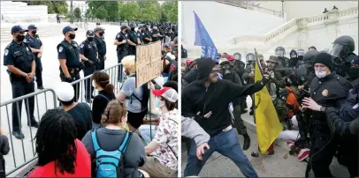  ?? The Associated Press ?? In this combinatio­n of photos, on June 3, demonstrat­ors, left, protest the death of George Floyd at the U.S. Capitol in Washington and Trump supporters try to break through a police barrier Jan. 6 at the same location.