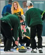  ?? ALBERTA NEWSPAPER GROUP PHOTO BY IAN MARTENS ?? Medicine Hat High School skip Sam Nygaard and his team brings in a shot against LCI during the South Zone high school boys curling final Wednesday at the Lethbridge Curling Club.