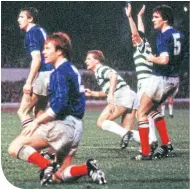  ??  ?? Murdo Macleod wheels away after scoring the winner against Rangers in 1982, as Roy Aitken raises his arms to celebrate