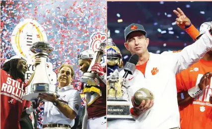  ?? (Reuters) ?? NICK SABAN (left picture, center) and Alabama claimed a convincing 24-7 victory over Washington in Saturday’s Peach Bowl, while Dabo Swinney’s Clemson (right picture) were dominant in the Fiesta Bowl en route to a 31-0 shutout of Ohio State. The...