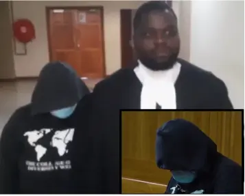  ?? ?? ▲ Motsa attempting to hide behind her lawyer Sibusiso Malaza after her bail was opposed Inset; Thobile Motsa wore a hoodie and mask to hide herself in court