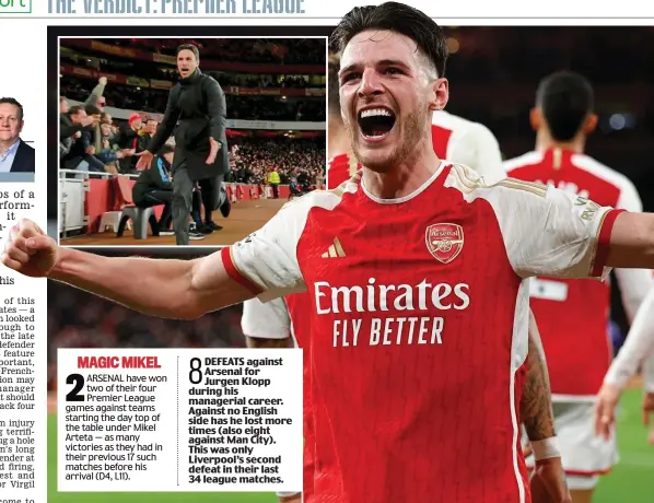  ?? REUTERS ?? Roar power: Rice screams in delight as Arsenal overcome Liverpool and (inset) Arteta does a jig up the touchline