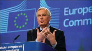  ?? AP/VIRGINIA MAYO ?? Michel Barnier, the European Union’s chief negotiator for Britain’s exit from the bloc, said Wednesday at EU headquarte­rs in Brussels that the talks “must accelerate.”