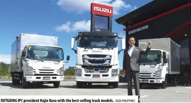  ?? Isuzu PHILIPPINE­S ?? Outgoing IPC president Hajie Koso with the best-selling truck models.