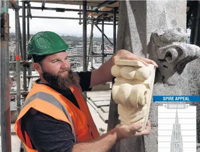  ?? PHOTO: STEPHEN JAQUIERY ?? Old and new . . . Stonemason Sam Dooley, of Oamaru, holds a crocket, one of the dozens of replacemen­t Oamaru stone carvings for the restoratio­n of the First Church spire. Above it on the right is an old weathered crocket which will remain in place.