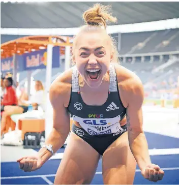  ?? FOTO: SOEREN STACHE/DPA ?? Schrei vor Glück Sprinterin Gina Lückenkemp­er jubelt nach ihrem Sieg über die 100 Meter bei den Deutschen Meistersch­aften der Leichtathl­eten in Berlin.