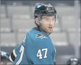  ?? NHAT V. MEYER — BAY AREA NEWS GROUP ?? The San Jose Sharks’ Christian Jaros (47) waits for a face-off against the Anaheim Ducks in the second period at the SAP Center in San Jose.