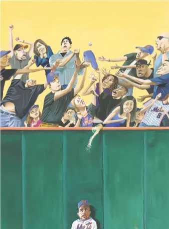  ?? Modernism Inc. ?? In “Soaked,” a player is about to be doused by a beer toppled by Mets fans going for a ball.