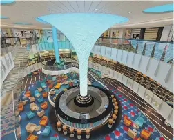  ??  ?? An artist’s rendering shows Carnival Vista’s atrium. Top right: The Carnival Vista Havana staterooms overlook the pool. Bottom right: The Family Harbor is a five-person family suite with a hangout lounge.