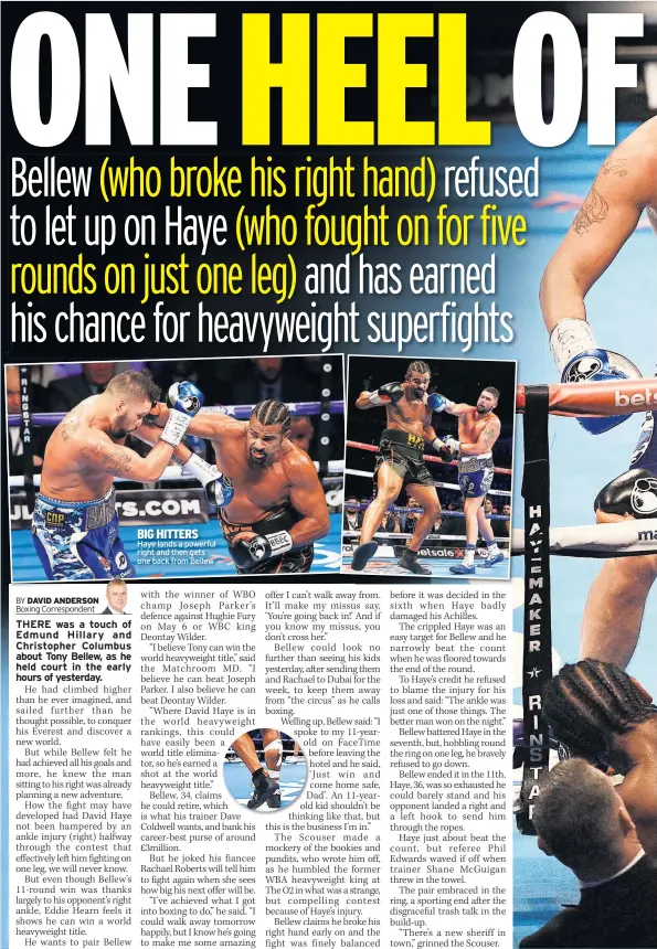  ??  ?? Haye lands a powerful right and then gets one back from Bellew BIG HITTERS
