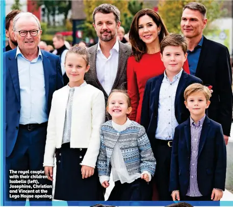  ??  ?? The royal couple with their children Isabella (left), Josephine, Christian and Vincent at the Lego House opening.