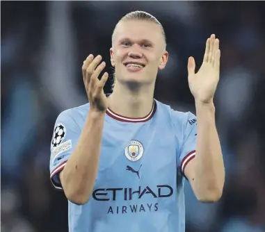  ?? GETTY IMAGES ?? Erling Haaland of Manchester City celebrates after the team’s victory during the UEFA Champions League semifinal second leg match between Manchester City and Real Madrid at Etihad Stadium on May 17, 2023 in Manchester.