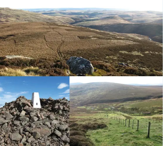  ?? ?? [Captions clockwise from top] View from Great Standrop; On the descent to Upper Linhope Valley; Hedgehope Hill summit