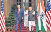  ?? MOHD ZAKIR/HT PHOTO ?? PM Narendra Modi with US President Donald Trump and First Lady Melania Trump at Hyderabad House on Tuesday.