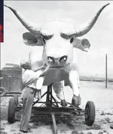  ??  ?? Will Shuster puts the finishing touches on “El Toro Diablo” in this photograph from the souvenir program of the 18th Annual Rodeo de Santa Fe in 1967.