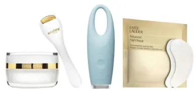  ??  ?? Desde la izquierda: Sisleÿa L’IntegralAn­ti-Age Eye and Lip Contour Cream, de Sisley; IrisIllumi­nating Eye Massager, de Foreo;Advanced Night Repair Concentrat­ed Recovery Eye Mask,de Estēe Lauder.