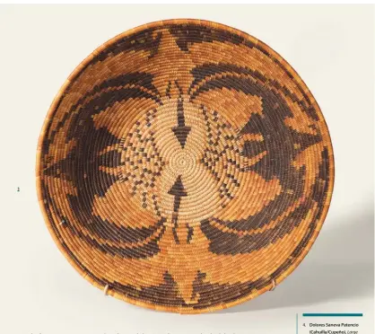  ??  ?? 4. Dolores Saneva Patencio
(Cahuilla/cupeño), Large Olla Storage Basket, ca. 1910, sumac, natural and dyed juncus on a deer grass bundle foundation. Museum acquisitio­n by exchange. Gift of Winifred Little, Edwin D. Walker and Mr. & Mrs. James H....