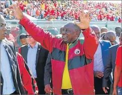  ?? Picture: WERNER HILLS ?? CROWD PLEASER: President Cyril Ramaphosa addresses the thousands who attended the May Day Rally at the Isaac Wolfson stadium in Kwazakhele