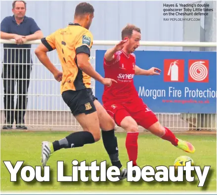  ?? RAY PEPLOE/HYUFC.COM ?? Hayes &amp; Yeading’s double goalscorer Toby Little takes on the Cheshunt defence