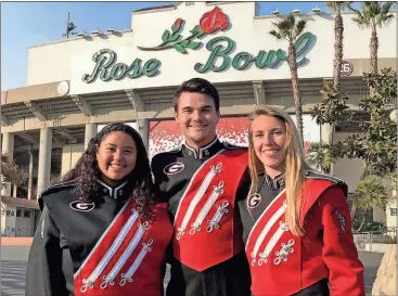  ?? Photo contribute­d by Elise Tallent ?? Stephania Luna (from left), Alan Hester and Elise Tallent are three Rome High graduates who now perform with the University of Georgia Redcoats marching band. They’ll be performing in the Tournament of Roses Parade today.