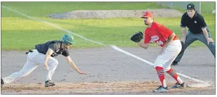  ?? +"40/ 4*..0/%4 +063/"- 1*0/&&3 ?? Mill River East native Jesse MacIntyre of the Charlottet­own Gaudet’s Auto Body Islanders dives back into first base as the Chatham Ironmen’s Nick Leggatt awaits the throw while umpire Mike Richards of Summerside follows the play.