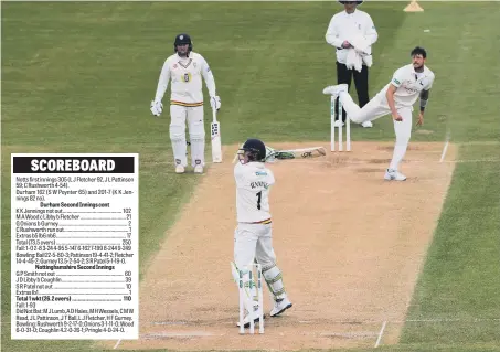  ??  ?? Durham’s Keaton Jennings batting against James Pattinson.