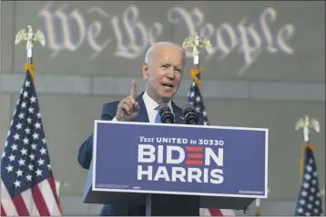  ?? CAROLYN KASTER — THE ASSOCIATED PRESS ?? Democratic presidenti­al candidate Joe Biden speaks about the Supreme Court vacancy on Sunday at the Constituti­on Center in Philadelph­ia.