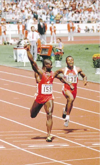 ?? STAN BEHAL ?? Canada’s Ben Johnson crosses the finish line first in the 100-metre dash in Seoul on Sept 24, 1988.