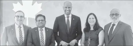  ?? ?? From L to R are: High Commission­er of Canada to Guyana, Mark Berman; Senior Minister in the Office of the President with Responsibi­lity for Finance and the Public Service, Dr. Ashni Singh; Canada’s Minister of Internatio­nal Developmen­t, Ahmed Hussen, IDB Country Representa­tive, Lorena Solórzano Salazar; and General Manager, IDB Caribbean Country Department, Anton Edwards