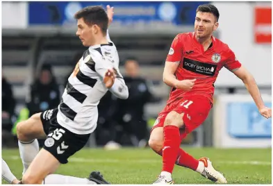  ?? ?? Killer blow Greg Kiltie slams home the second goal to give Ayr an uphill climb in the Scottish Cup tie