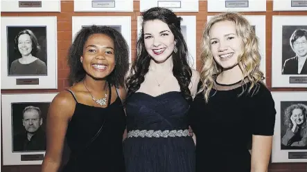  ??  ?? From left, Aoife Botchey, Kaylin Schenk and Alexa Wall of Strathcona Christian Academy were all smiles headed into the Cappies Gala Sunday.