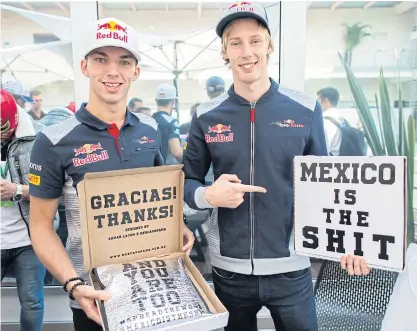  ??  ?? Toro Rosso drivers Pierre Gasly, left, and Brendon Hartley during the Mexican Grand Prix last month.