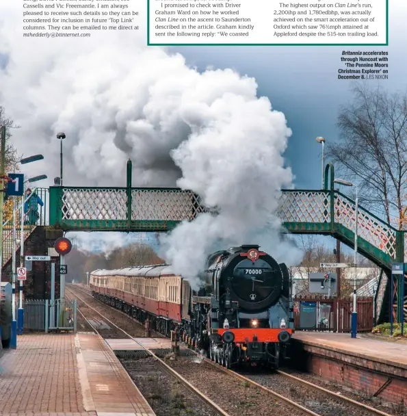  ?? LES NIXON ?? Britannia accelerate­s through Huncoat with ‘The Pennine Moors Christmas Explorer’ on December 8.