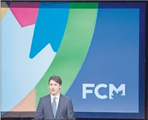  ?? CP PHOTO ?? Canadian Prime Minister Justin Trudeau addresses the Federation of Canadian Municipali­ties conference in Ottawa, Friday.