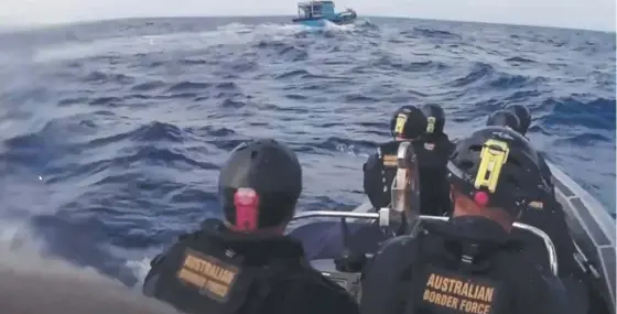  ?? ?? Royal Australian Navy Rear Admiral Justin Jones (below right) appears in a new video warning to people smugglers. Pictures: Australian Border Force