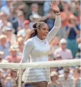  ??  ?? TOP: Kevin Anderson (right) meets John Isner after their Wimbledon semifinal in London on Friday. ABOVE: Serena Williams celebrates during her match against Julia Goerges on Thursday. Williams advanced to Saturday’s final. Story, 6C