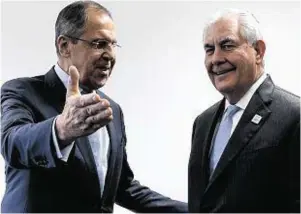  ??  ?? Russian foreign minister Sergei Lavrov, left, with his US counterpar­t Rex Tillerson