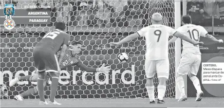  ?? / Fotos: AP ?? CERTERO. Messi dispara para marcar de penal ante Ospina.
