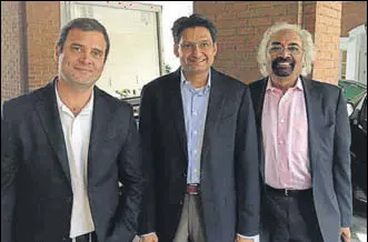  ?? HT PHOTO ?? Congress vicepresid­ent Rahul Gandhi, Rohtak MP Deepender Hooda and policy profession­al Sam Pitroda during their recent visit to the United States.